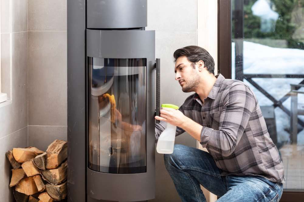 Ein Mann reinigt einen Kamin nach dem Ende der Heizperiode.